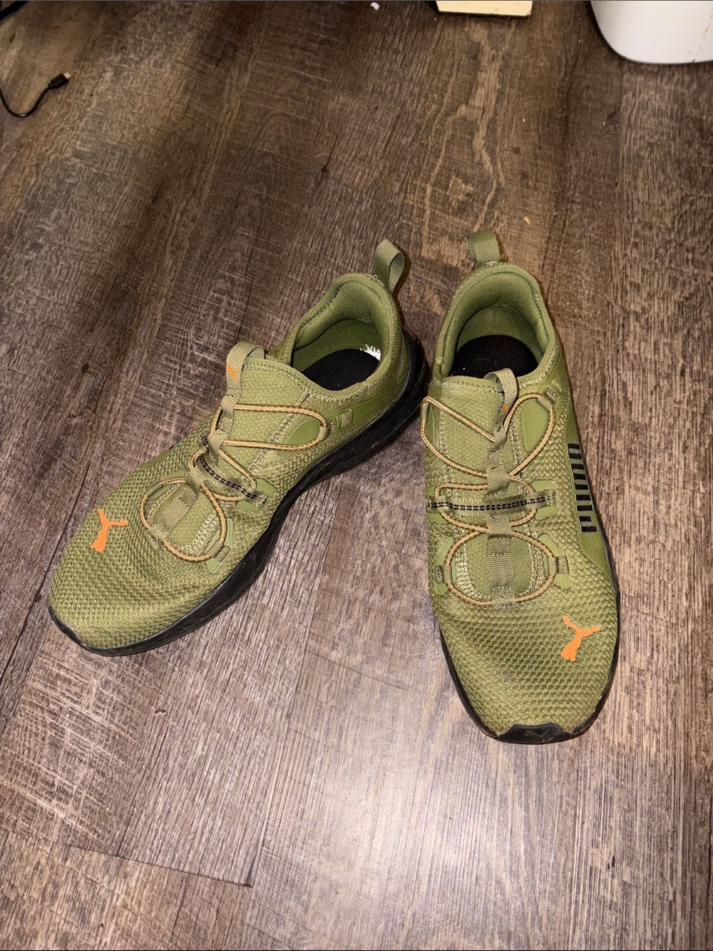 Puma Men’s Olive Green Athletic Sneakers with Orange Logo Accents
